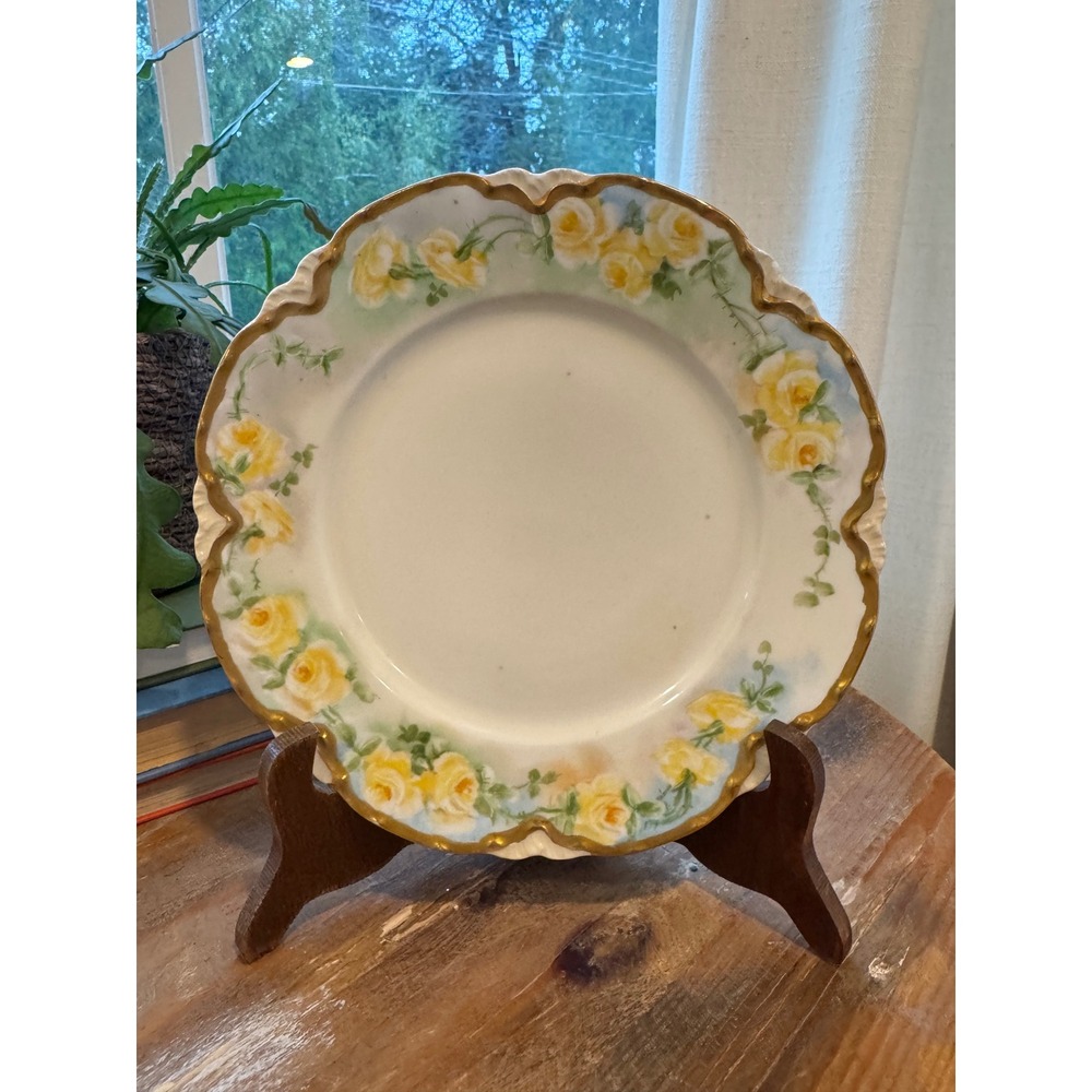 Antique Haviland France Limoges Yellow Rose Scalloped Gold Gilt Plate 8.5"